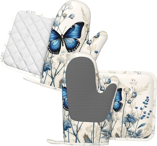 Oven Mitts and Pot Holders Butterfly Blue Flower Boho Silicone Kitchen Accessories Set of 4 Heat Resistant Long Gloves Potholder Non-Slip Grip for Chef Cooking Baking Grilling BBQ