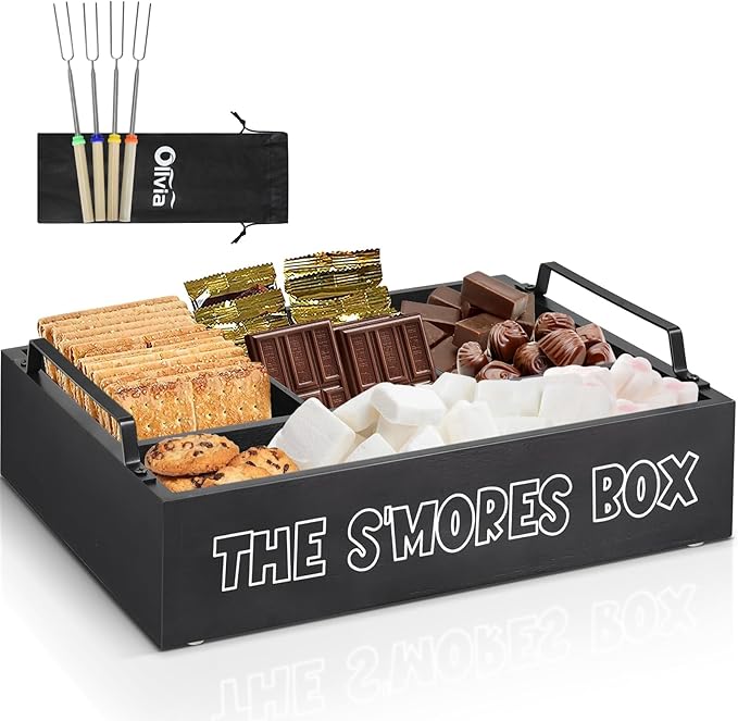 S'Mores Station with Handles, Wooden S'Mores Caddy Bar Holder with 4 Roasting Sticks, Farmhouse Smores Tray for Smores Kit for Fire Pit, Smores Maker Tabletop Indoor Kit for S'Mores Kit