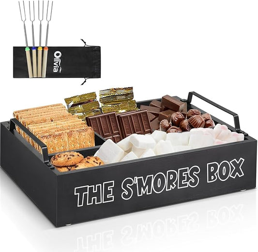 S'Mores Station with Handles, Wooden S'Mores Caddy Bar Holder with 4 Roasting Sticks, Farmhouse Smores Tray for Smores Kit for Fire Pit, Smores Maker Tabletop Indoor Kit for S'Mores Kit