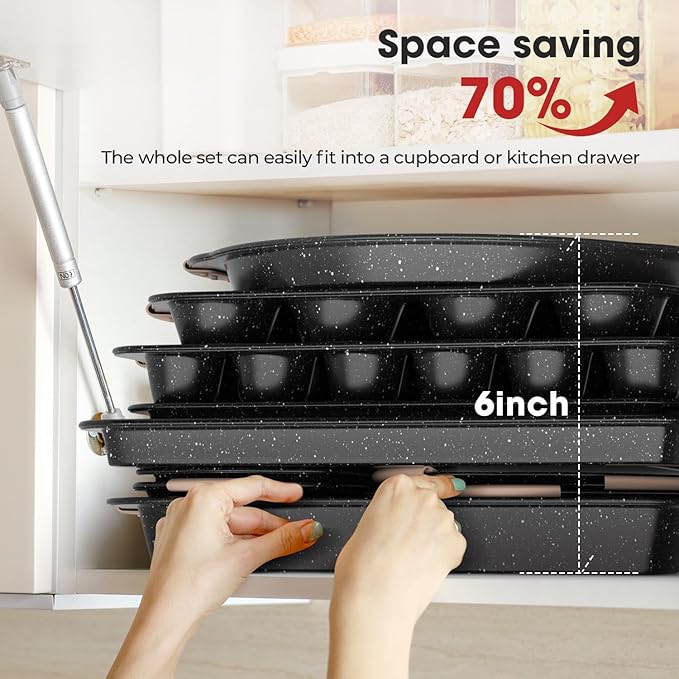 Slow Slog 11-Piece Baking Pans Set, Nonstick Bakeware Sets, Oven Pans for Baking with Silicone Handles, Includes Cookie Sheet, Cake Pans, Loaf Pan, Pizza Pan, Muffin Pan, Khaki&Black
