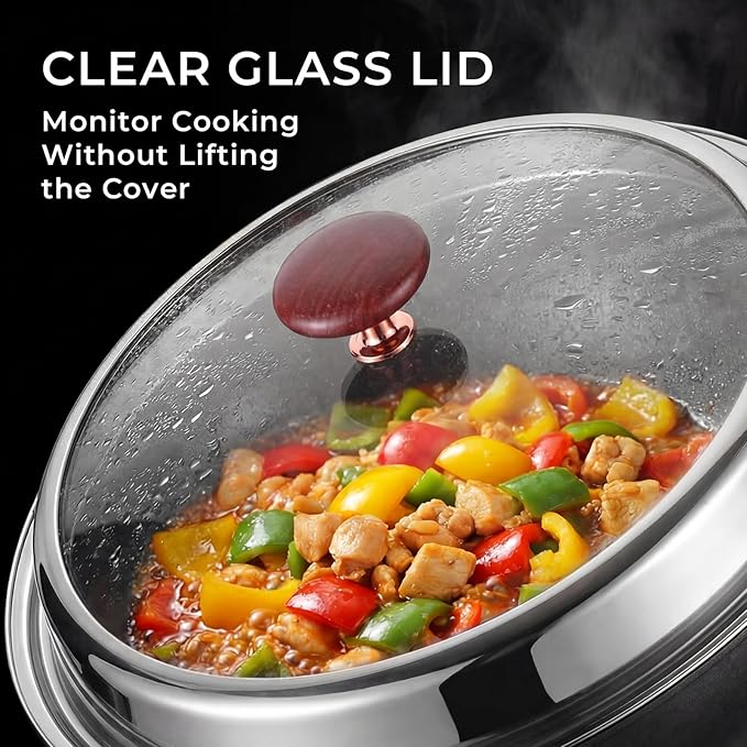 12.5-Inch Carbon Steel Wok Pan with Lid: Woks & Stir-Fry Pans Nonstick with Steamer for Cooking Pan Set, Large Deep Chinese Frying Saute Pan Wok Skillet, Induction Compatible, Stay-Cool Handle, Gifts