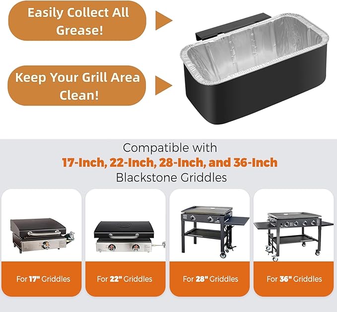 Ziopetru Grease Cup & Drip Tray Set - Universal Grease Catcher Compatible with 17/22/28/36" Blackstone Griddles - Includes 10 Foil Liners for Easy Grease Collection