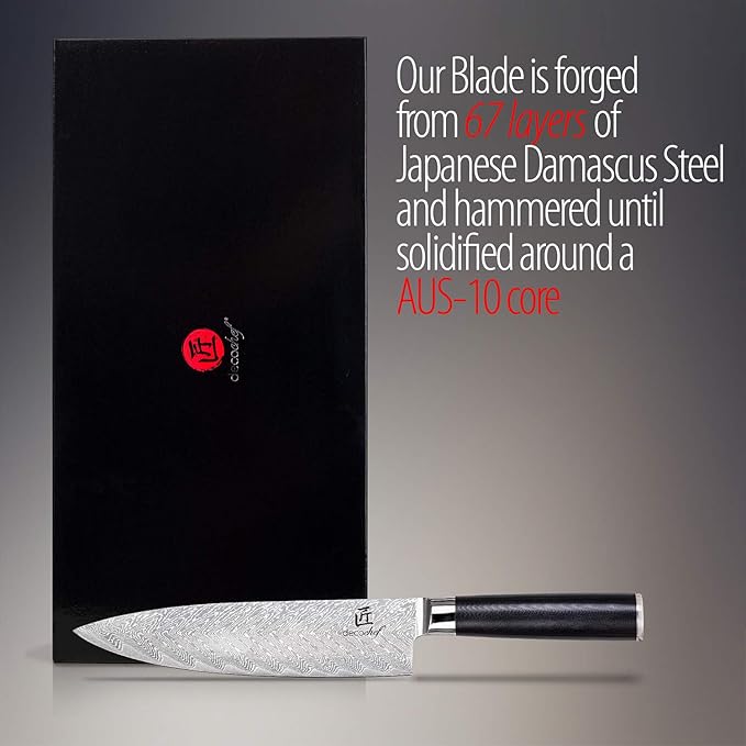 Deco Chef Professional Chef Knife 8-inch Damascus High Carbon Steel - 67 Layers AUS-10 Razor Sharp Japanese Quality with Full Tang Ergonomic Handle, Sharpening Guide Included