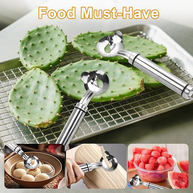 3pcs Spoon Cactus Peeler,Stainless steel strip long hole cactus thorn removal tool,Sliced Chinese Noodle Cutter for Cooking Kitchen Gadgets (3p-Silver)