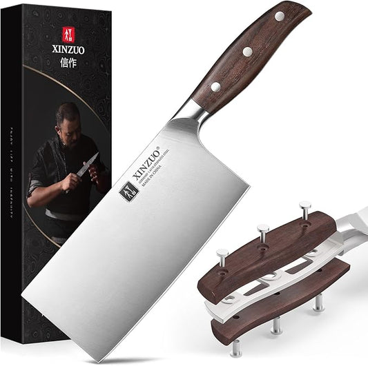 XINZUO Meat Cleaver Knife, 7 Inches German Stainless Steel Chef Cleaver Knife,Vegetable Meat Cleaver,Multifunction Chopper Butcher Knife,Chinese Chef Knife, Ultra Sharp, Red Sandalwood Handle