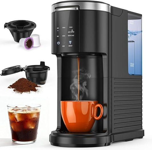 Kndko Single Serve Coffee Maker for K Cups and Ground Coffee, Capsule Coffee Machine, 6 to 14oz Brew Sizes, 40oz Removable Reservoir, Fast Brew, Compact Design, Travel Mug Friendly, Black