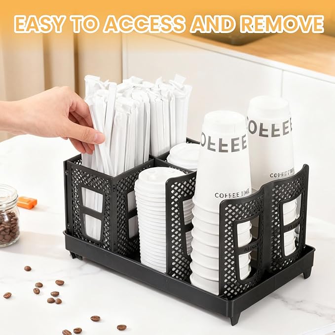 Paper Cup and Lid Holder with Straw Organizer, Coffee Cup Holder for Countertop Coffee Station, Bar, Kitchen, Office Black