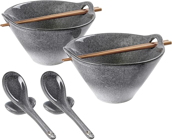 UNICASA Japanese Ramen Bowl Set with Chopsticks, Spoons and Rests, 26oz Deep Porcelain Noodle Bowl Set of 2 for Udon, Pho, Salad, Soup (Reactive Gray)