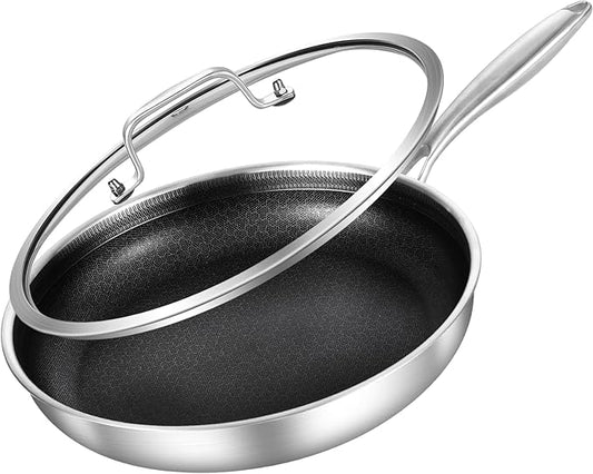 Inqibee 12-Inch Hybrid Tri-Ply Stainless Steel Sauté Pan,Non-stick Frying Pan with Lid,Skillet,Induction Chef's Pan,Heavy Duty and Oven Safe,Detachable Handle.