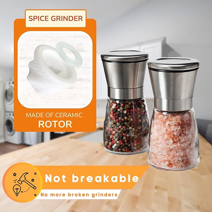 Professional Salt and Pepper Grinder Set – Premium Stainless Steel Salt and Pepper Shakers with Ceramic Spice Grinder Mill for Adjustable Coarseness - Added Bonus a Bamboo spoon and a Cleaning Brush.