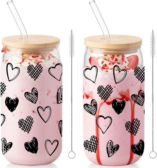 Sliner 2 Pcs Heart Glass Cups Valentines Galentines Day Tumbler with Lid Straw 16 oz Iced Coffee Cup Drinking Glasses Cute Beer Can Tumbler Holiday Gifts for Home Office Decorations