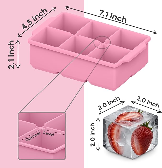 KitchFort Large Silicone Ice Cube Tray (2-Pack), Easy Release 2" Big Ice Cubes - Cocktail, Whiskey Ice Cubes Mold - Ice Trays for Freezer with Lid - Stackable Silicone Ice Tray - Pink