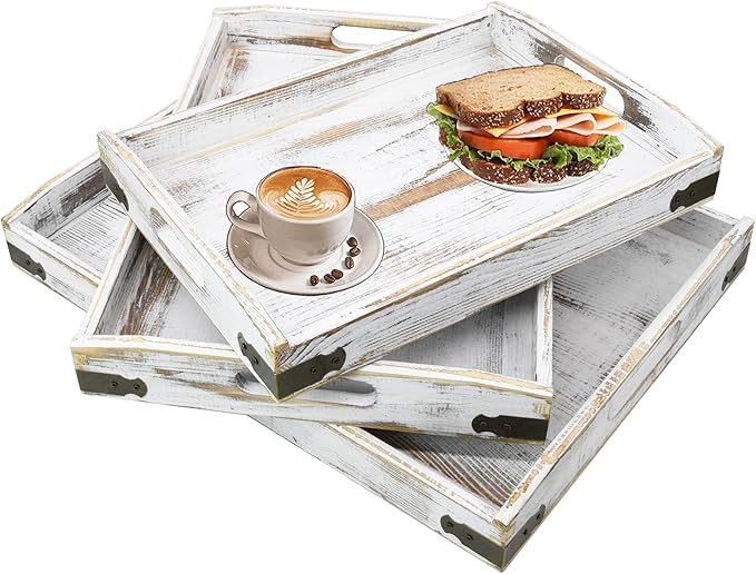 Owlgift Rustic White Wood Serving Trays with Brass Metal Wrap Accents, Set of 3