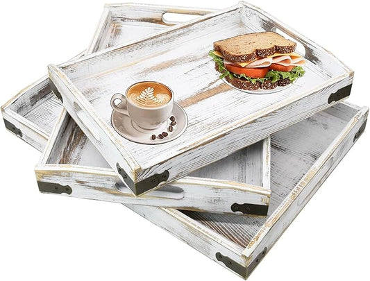 Owlgift Rustic White Wood Serving Trays with Brass Metal Wrap Accents, Set of 3