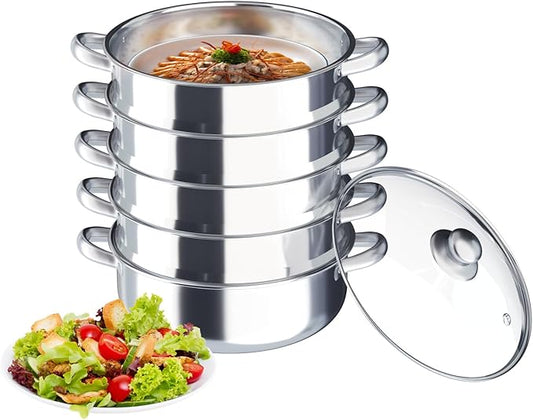 5 Tier Steamer Cooker,Home Steam Pot Set,Multi tier Stainless Steel Kitchen Cookware Hot Pot for Cooking Vegetables, Seafood, Soups, Stews and Pasta (Silver, 14.37 * 15.55in)