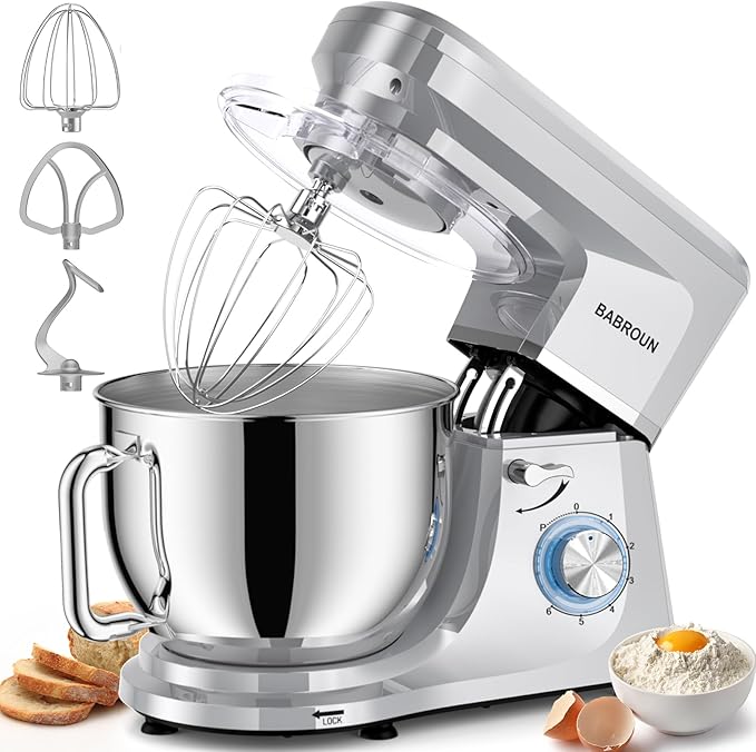 Babroun Dough Mixer 8.45 QT Electric Mixer - 660W 6 Speed Large Capacity Kitchen Stand Mixer with Whisk Dough Hook Mixing Beater Household Food Mixer for Baking Cakes Cookie Bread Salad