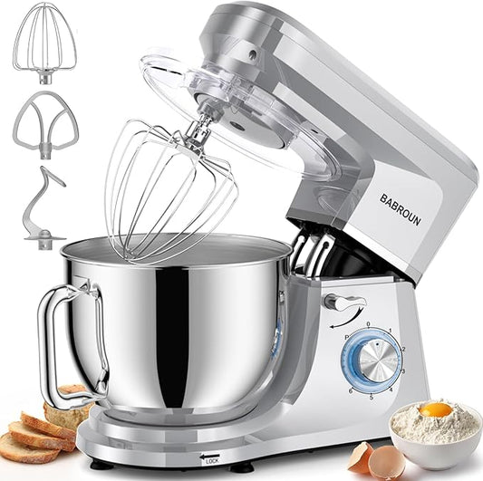 Babroun Dough Mixer 8.45 QT Electric Mixer - 660W 6 Speed Large Capacity Kitchen Stand Mixer with Whisk Dough Hook Mixing Beater Household Food Mixer for Baking Cakes Cookie Bread Salad