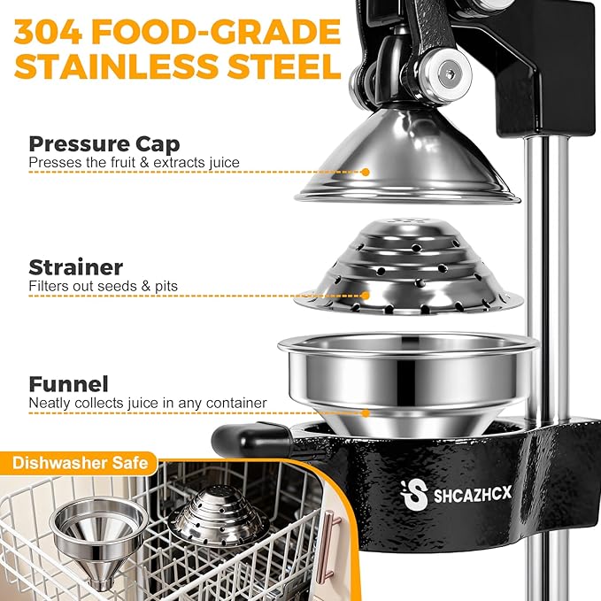 Cast-Iron Hand Press Citrus Juicer, Heavy-Duty Fruit Squeezer with Stainless Steel Cup, Easy-to-Clean Manual Citrus Press for Orange, Lemon, Lime, Grapefruit & Pomegranate (Black)