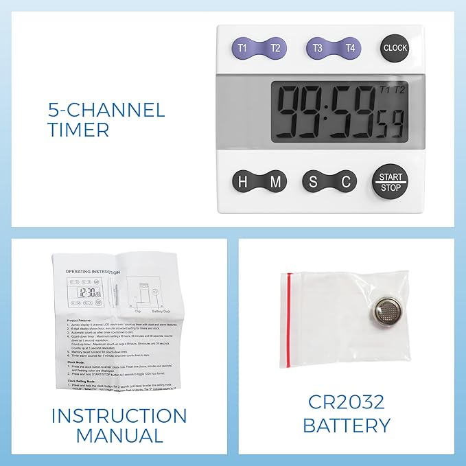 Sper Scientific Portable Digital Kitchen Timer 810015 for Cooking and Baking with Loud Alarm, 4 Channel Timer, Large Display Digital Lab and Cooking Timer, Classroom Timer for Teachers and Students