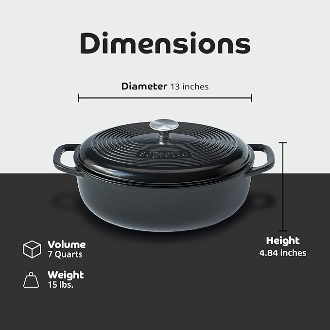 Segretto Cookware Enameled Oval Cast Iron Dutch Oven with Handle, 7 Quarts, Nero (Black), 7qt Cast Iron Pot with Lid | Enamel Dutch Oven for Bread Baking, Ceramic Pots for Cooking, Soup