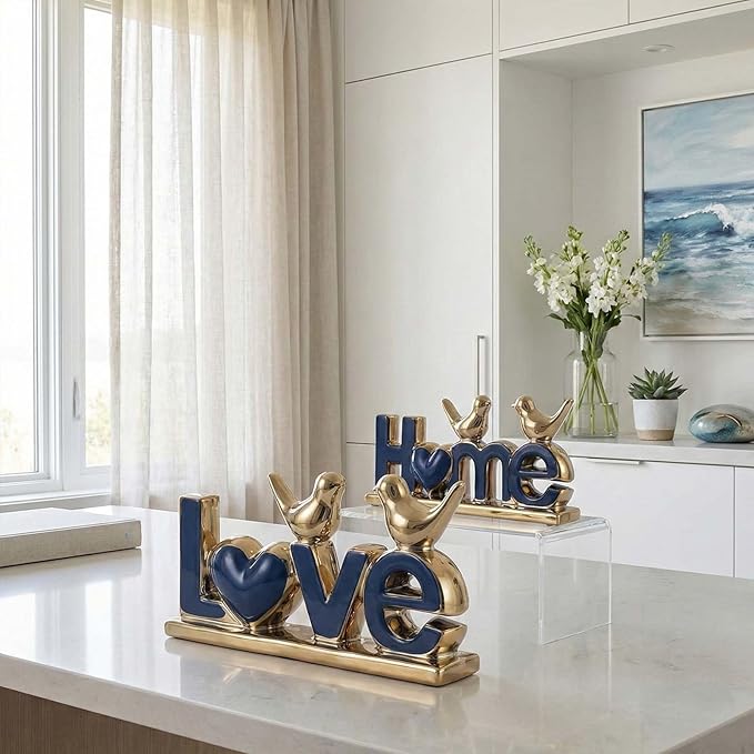 Love Sign Decor,Gold Room Decor Aesthetic, Knick Knack Shelf,Bird Decor, Boho Bookshelf,Abstract Statue,for Living Room,Bedroom, Contemporary Tv Stand Set of 2 (2, Gold Blue)