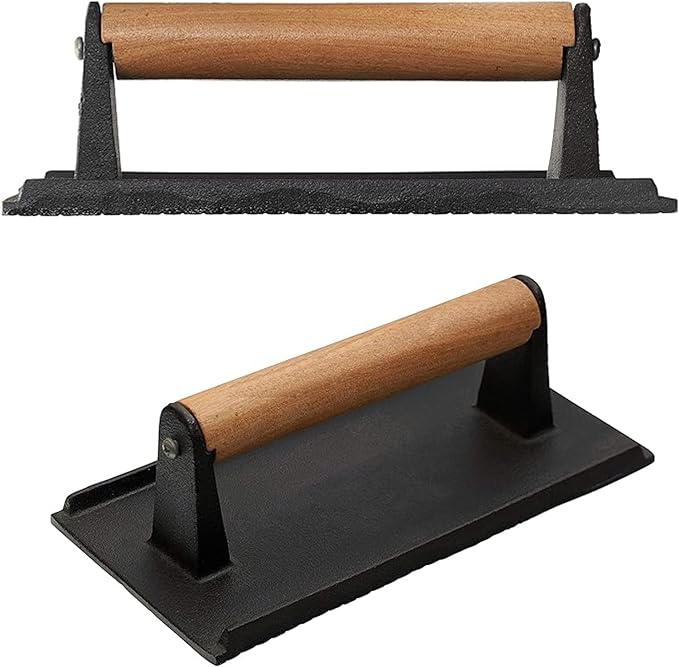 [1 PACK] Rectangle Grill Press with Wooden Handle 9 x 5 inches - Heavy Duty, Bacon Press, Burger Press, Panini Press, Meat Press - Ideal Cast Iron Press for Kitchen & Grill