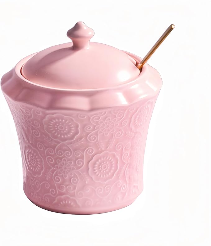 13.5oz Sugar Bowl with Lid and Spoon Pink Ceramic Sugar Creamer Container, Sugar Jar, Durable Sugar Pot for Coffee Bar Accessories, Coffee Bar Decor