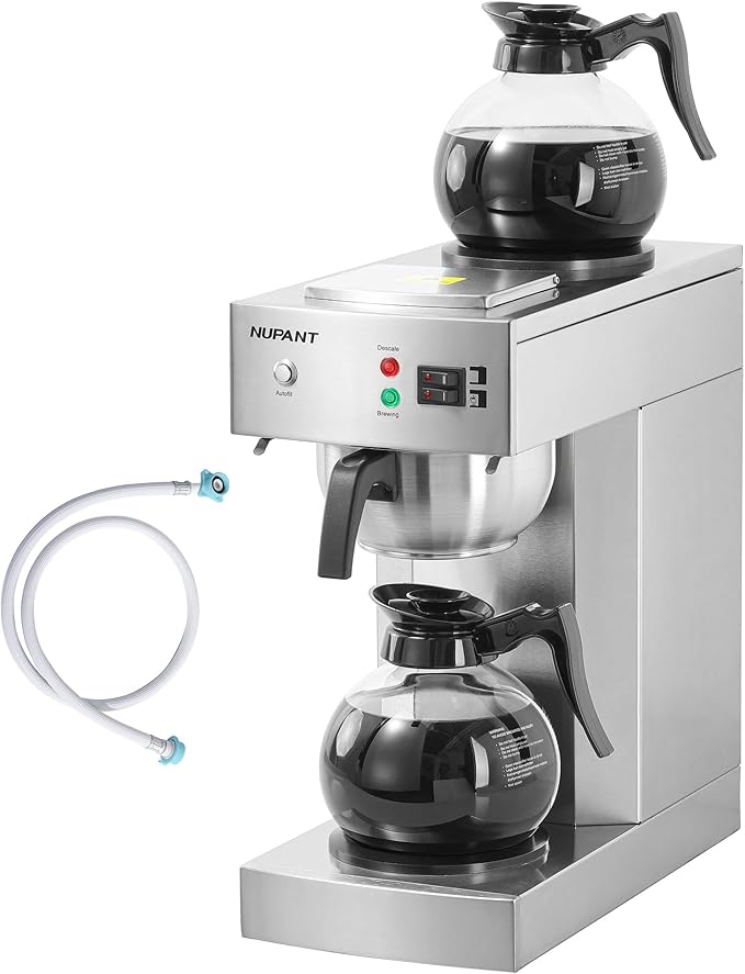 NUPANT 12-Cup Commercial Coffee Maker with Water Line 1.8L Auto-Filling Drip Coffee Maker Machine with 2 Glass Carafes and 2 Warmers Stainless Steel Pour over Coffee Brewer for Restaurant Office cafe