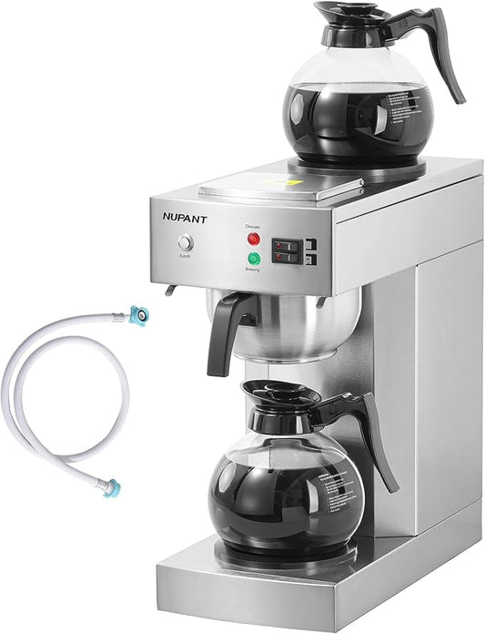NUPANT 12-Cup Commercial Coffee Maker with Water Line 1.8L Auto-Filling Drip Coffee Maker Machine with 2 Glass Carafes and 2 Warmers Stainless Steel Pour over Coffee Brewer for Restaurant Office cafe