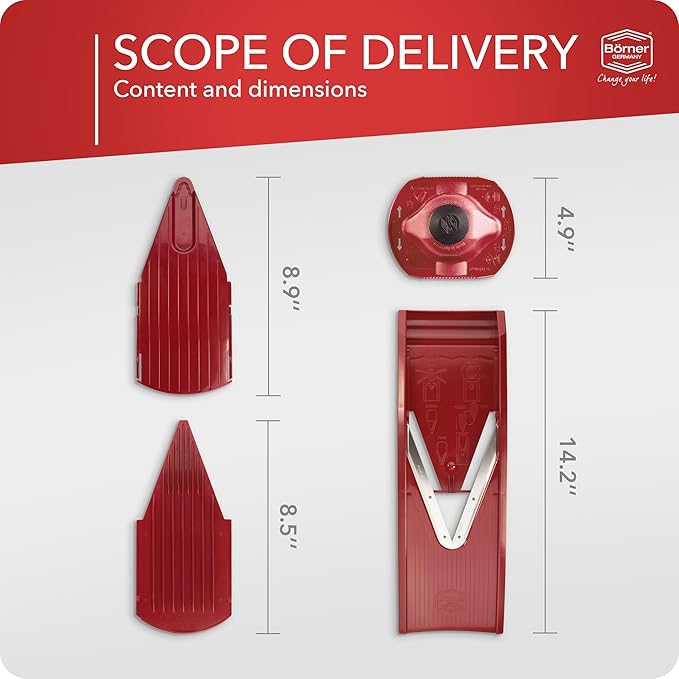 Mandoline Food Slicer Borner V1 (Basic Set) by Reston Lloyd • V-Slicer with Food Holder • Made in Germany • Fruit & Vegetable Chopper • Multiple Settings • Color: Red