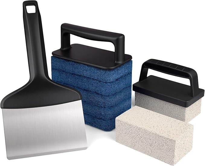 Griddle Cleaning Kit for Blackstone, Flat Top Grill Cleaning Kit Include Griddle Brush &Handle, Grill Stone Cleaning Brick, Scouring Pads & Griddle Scraper- Easy to Remove Stain