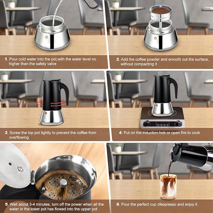 2 Cup Stovetop Espresso Maker Stainless Steel Moka Pot Stove Top Percolator Italian Coffee Makers Capable Mocha Greca Machine Cafe Classic Induction Cookers for Home and Camping 100ml 3.3oz