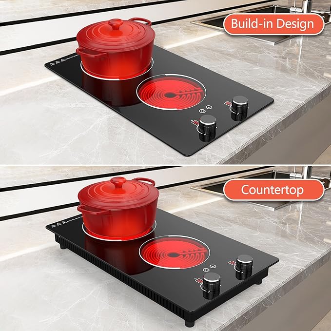 2 Burner Electric Cooktop - 12" Infrared Electric Stove Top with Knob Control, Countertop & Built-in, 2100W Ceramic Electric Hot Plate with 9 Power Levels, Child Lock, Timer, Residual Heat Warning