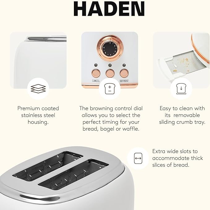 Haden Heritage 2-Slice Wide-Slot Toaster, Stainless-Steel Bread Toaster with Adjustable Browning Control, Crumb Tray & Non-Slip Feet, Ivory & Copper