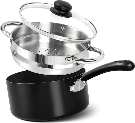 MICHELANGELO Nonstick 3 Quart Saucepan with Lid, Ceramic Small Sacuce pan with Steamer, Easy to Clean, Non-Toxic Saucepan, 3QT with Steamer, Black