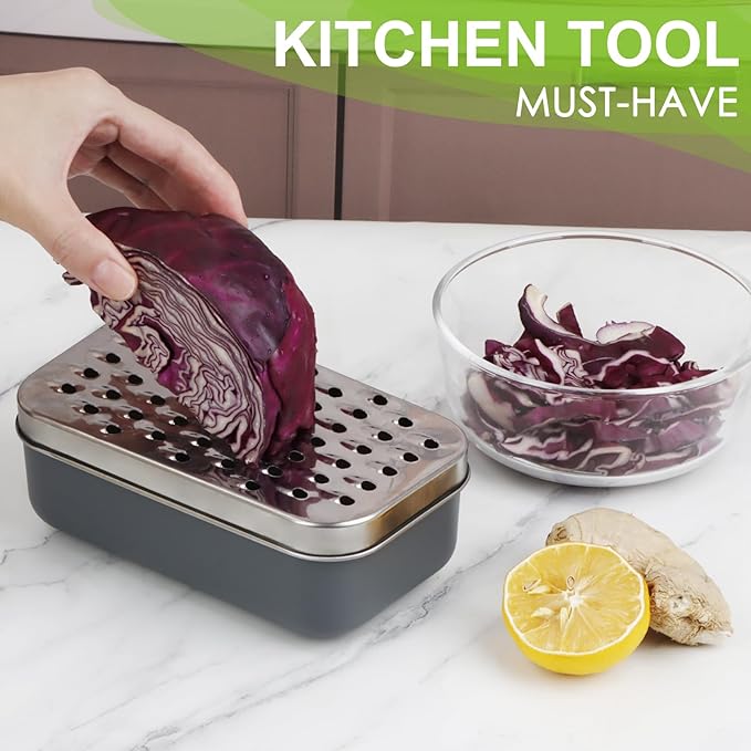 Cheese Grater Citrus Lemon Zester with Food Storage Container & Lid - Perfect For Hard Parmesan Or Soft Cheddar Cheeses, Ginger, Vegetables, Butter, Chocolate & Nutmeg, Gray