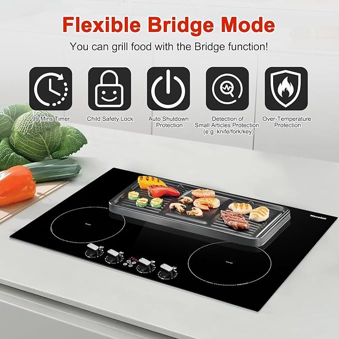 30 Inch Induction Cooktop 4 Burner with Bridge Element, 7800W Built-in Stove Top, Booster Function, 10 Power Levels, Timer & Child Safety Lock, Knob Control, 220-240V