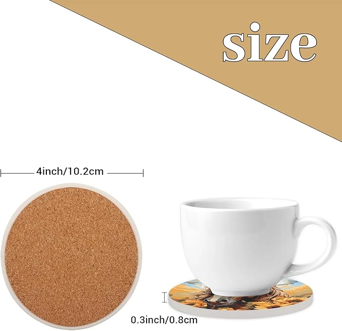 Round Coasters Set of 2, Horse Sunflowers Sunny Sky Absorbent Ceramic Coaster with Cork Base, Bar Coasters for Drinks Coffee Mugs Tea Cups Wine Glasses Home Decor Gifts (4 inches)