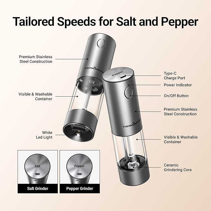 ThermoMaven Electric Salt and Pepper Grinder Set, 110ml Larger Rechargeable Automatic Salt and Pepper Mill Grinder with 6 Adjustable Coarseness, Electric Salt and Pepper Shakers, LED, Gun Grey