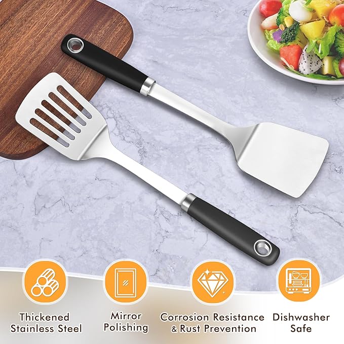 Stainless Steel Spatula, Metal Spatula Solid Turner, Heavy Duty Sturdy Spatulas for Kitchen Use, High Heat Resistant Cooking Utensils for Fish Eggs Pancakes, Dishwasher Safe, Easy to Clean, Silver