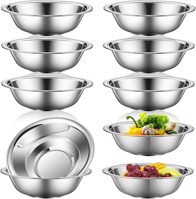 Tioncy 10 Pack Small Stainless Steel Mixing Bowls, 6.3 Inch Wide Nesting Prep Bowls Set with Flat Base for Sauces Serving Soup Snack Salad, 3/4 Quart Meal Cooking Baking, Reusable and Dishwasher Safe