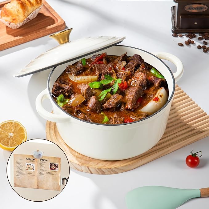 WOKINS Enameled Cast Iron Dutch Oven Pot with Lid Heavy-Duty Cookware for Bread Baking,Braising,Stews,Roasting,7QT,Oven Safe up to 500°F,creamy white