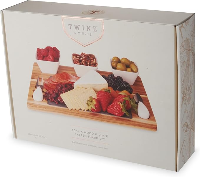 Twine Acacia & Slate Cheese Board Set - Charcuterie Board Bowls and Knives - Slate Cheese Tray Wood Cheese Board - 7-Piece Set of 1, Brown