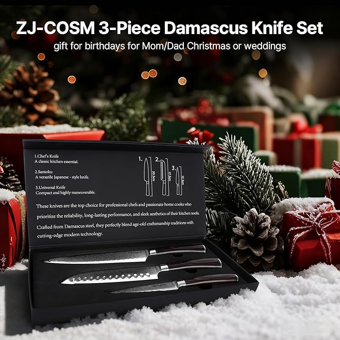 Damascus Knife Set, 3PCS Ultra Sharp Professional Japanese Kitchen Knives with Pakkawood Handles,VG10 Steel Core Chef Knife Set for Gift for Mom Dad-Gift Box