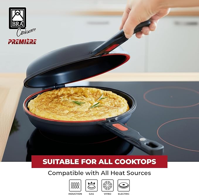 BRA COOKWARE Premiere Dual Skillet | 9.5 inches Double Frying Pan for Frittatas & Spanish Omelets | PFOA Free Triple Nonstick Coating | Full Induction Reversible Pan | Cast Aluminum Flip Skillet