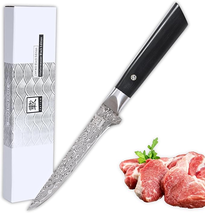zayiko Black Edition Damascus Filleting Knife Boning Knife | 14 cm blade made of 67 layers of VG10 Damascus steel | Pakkawood handle | Kitchen knife for boning and paring meat | Elegant gift box