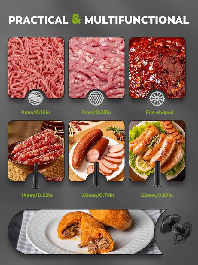 Flyseago Meat Grinder Electric 3200W Heavy Duty Meat Mincer Chopper Machine Touch Control Multifunctional with Cutting Blade 3 Grinding Plates 3 Sausage Stuffers Kubbe Kit for Household&Commercial