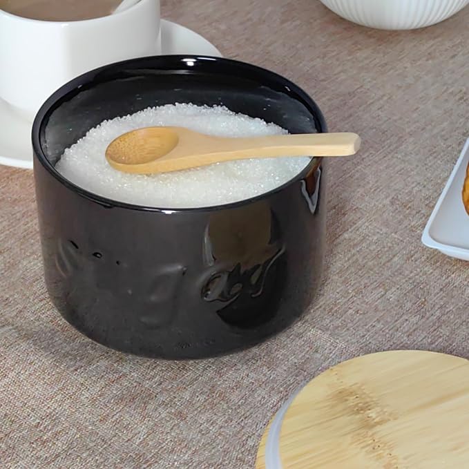 Sugar Bowl with Lid and Spoon, 16 OZ Airtight Sugar Container for Coffee Bar, Farmhouse Ceramic Jar, Sugar Holder Coffee Bar Accessories for Countertop, Black