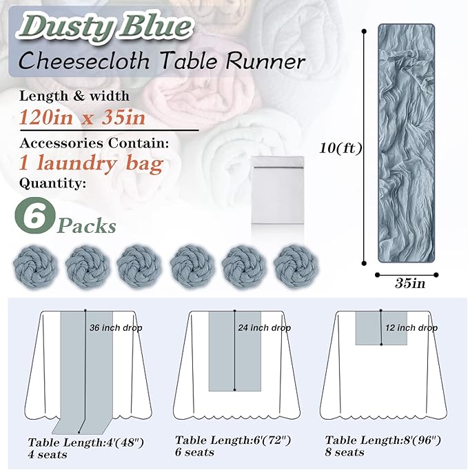Dusty Blue Cheesecloth Table Runner, 6 Pack 35" Boho Gauze Runner 120 inches Long Runner Rustic Sheer Cheese Cloth Fabric Bulk for Baby Shower Wedding Bridal Birthday Party Decor