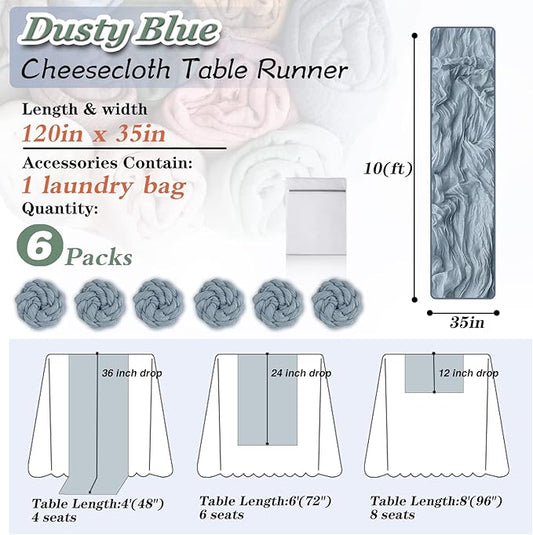 Dusty Blue Cheesecloth Table Runner, 6 Pack 35" Boho Gauze Runner 120 inches Long Runner Rustic Sheer Cheese Cloth Fabric Bulk for Baby Shower Wedding Bridal Birthday Party Decor